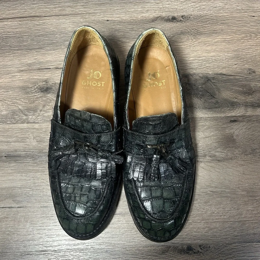 Jo Ghost Mens Green Leather‎ Loafers Size 41  Crocodile Print Square Dress Shoes